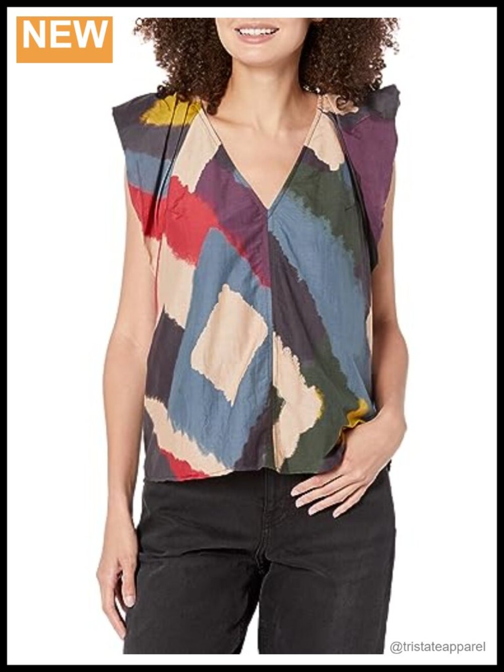 Silk Cotton Voile Printed Peasant Top V-Neck Sleeveless Blouse